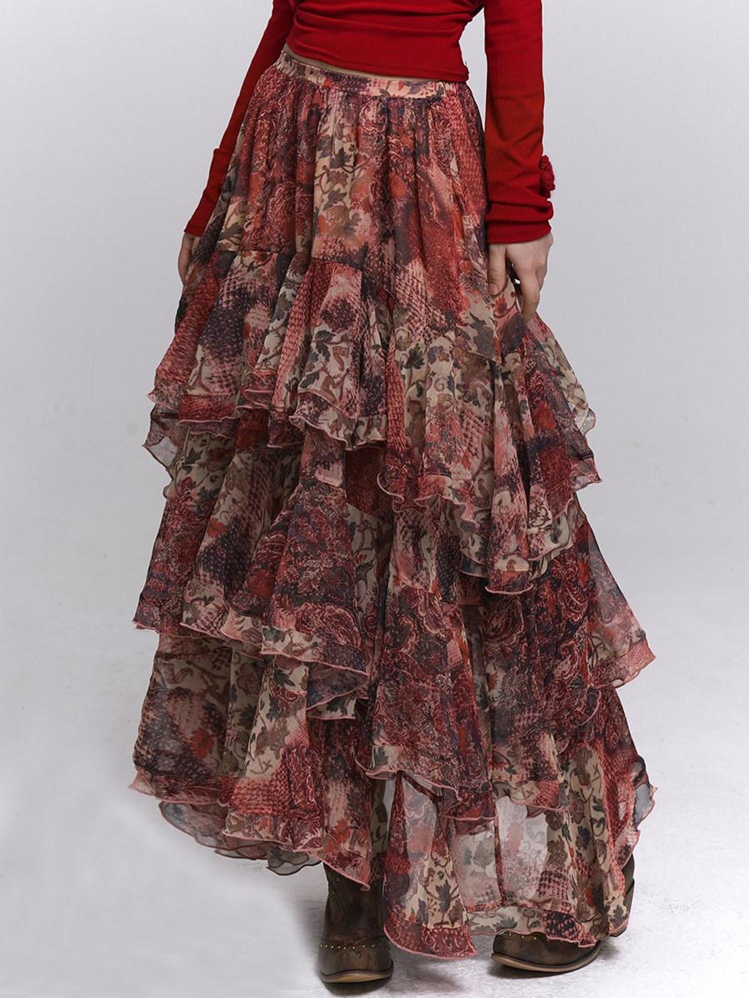 LADYGHOST Ghost Girl Red Floral Layered Cake Long Women&