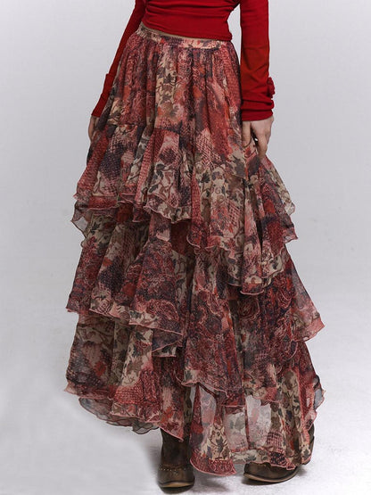 LADYGHOST Ghost Girl Red Floral Layered Cake Long Women&