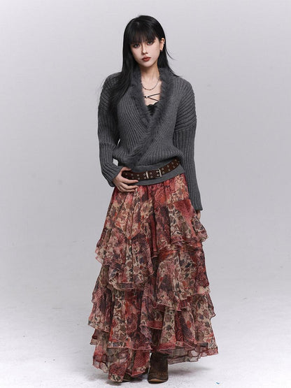 LADYGHOST Ghost Girl Red Floral Layered Cake Long Women&