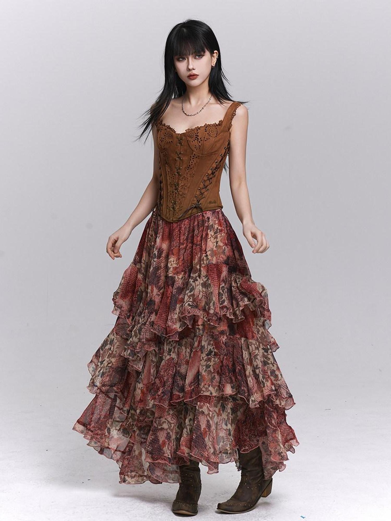 LADYGHOST Ghost Girl Red Floral Layered Cake Long Women&