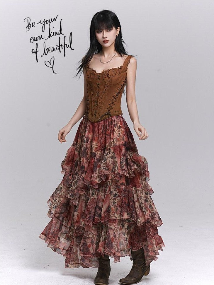 LADYGHOST Ghost Girl Red Floral Layered Cake Long Women&