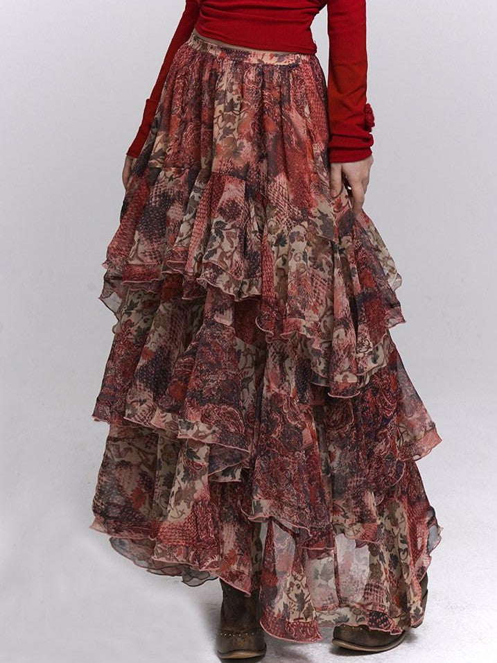 LADYGHOST Ghost Girl Red Floral Layered Cake Long Women&