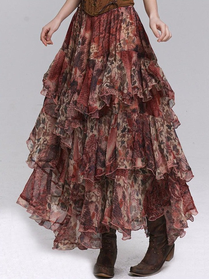 LADYGHOST Ghost Girl Red Floral Layered Cake Long Women&
