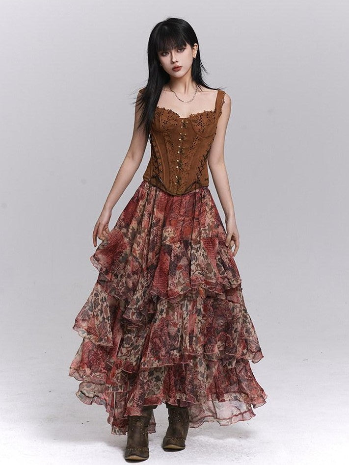 LADYGHOST Ghost Girl Red Floral Layered Cake Long Women&
