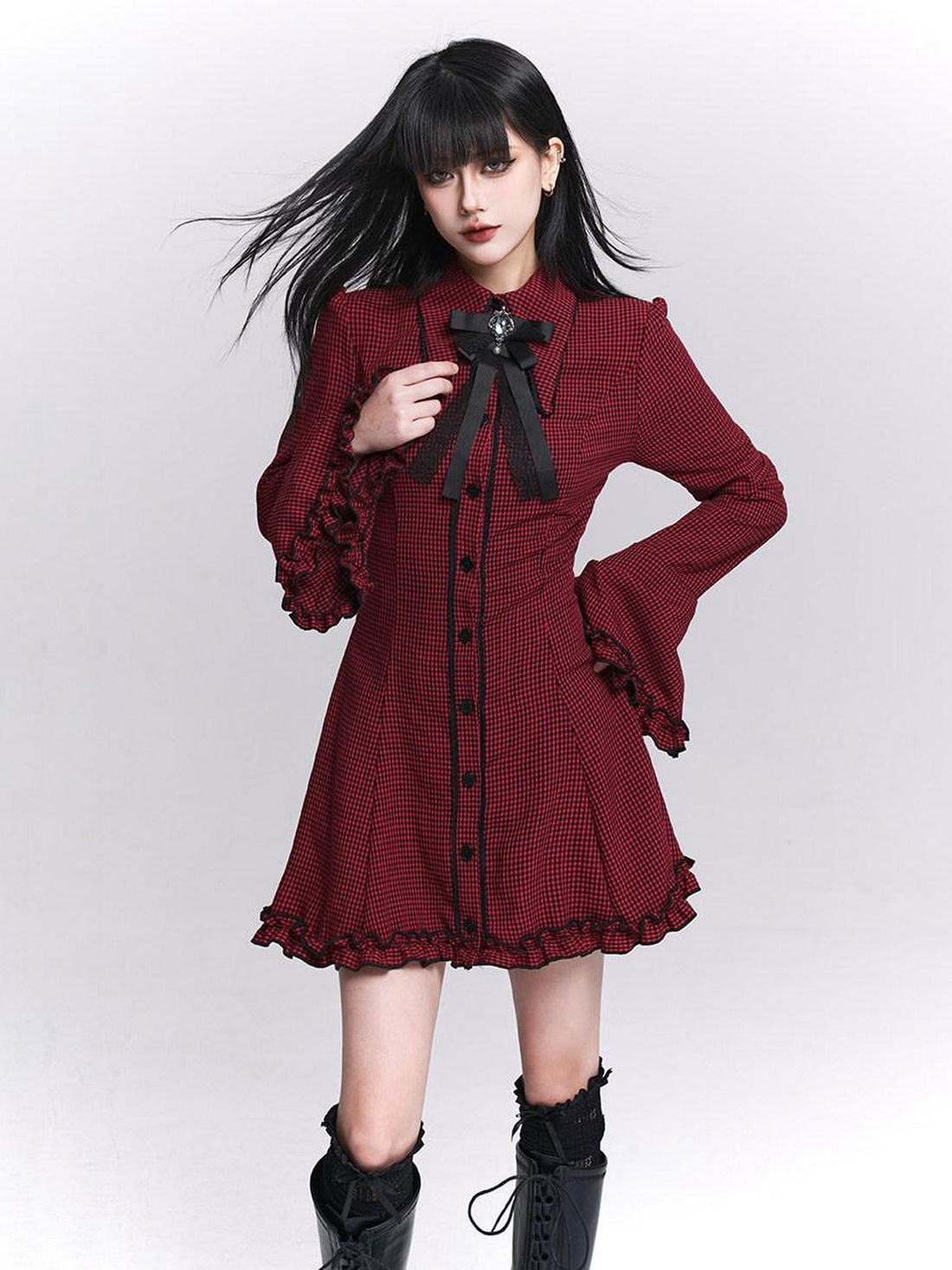 LADYGHOST Ghost Girl Red Plaid Bell Sleeve Shirt Dress Women&