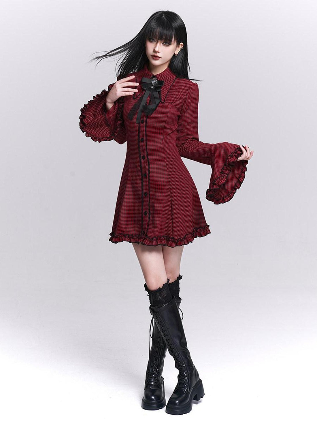 LADYGHOST Ghost Girl Red Plaid Bell Sleeve Shirt Dress Women&