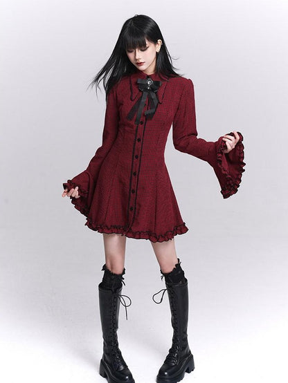 LADYGHOST Ghost Girl Red Plaid Bell Sleeve Shirt Dress Women&