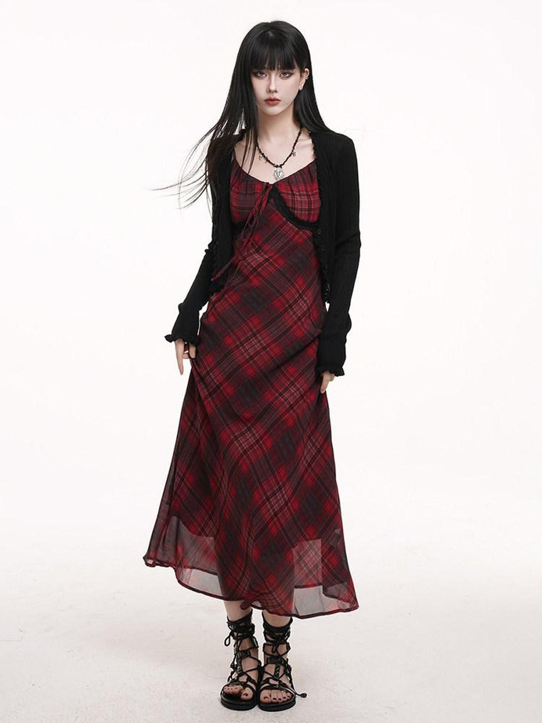 LADYGHOST Ghost Girl Red Plaid Spaghetti Strap Long Women&