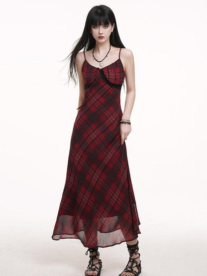 LADYGHOST Ghost Girl Red Plaid Spaghetti Strap Long Women&
