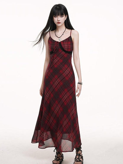 LADYGHOST Ghost Girl Red Plaid Spaghetti Strap Long Women&
