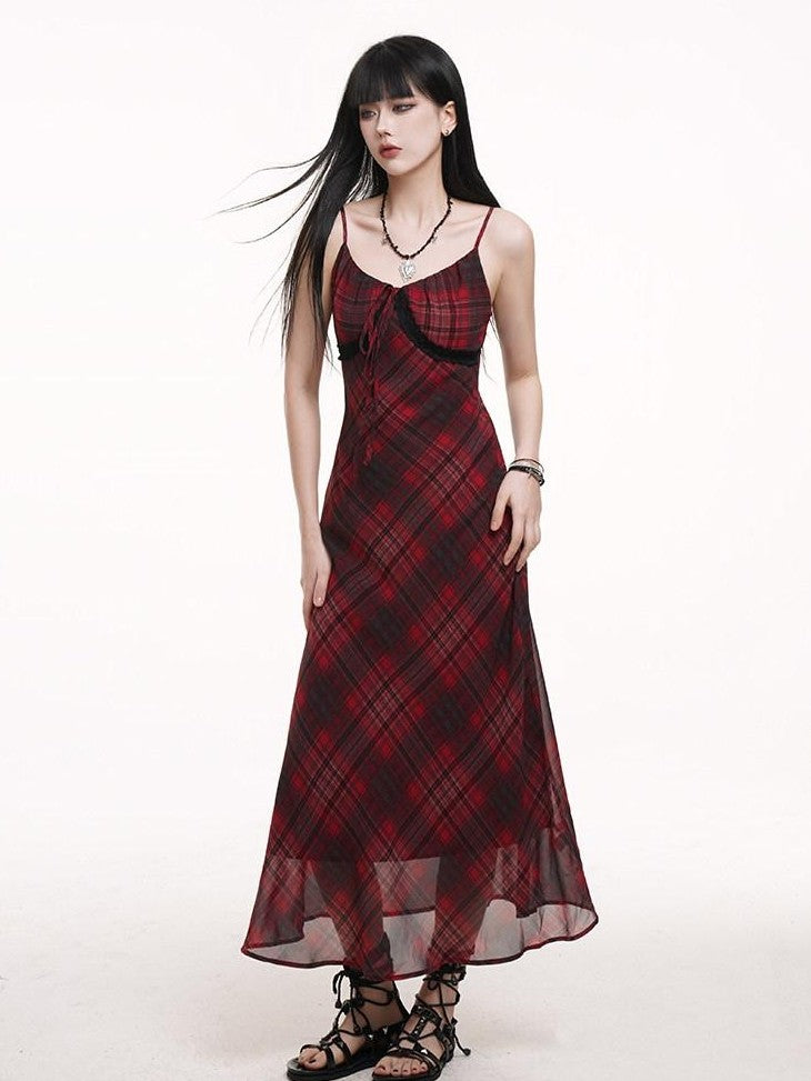LADYGHOST Ghost Girl Red Plaid Spaghetti Strap Long Women&