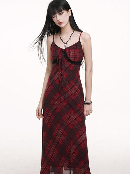LADYGHOST Ghost Girl Red Plaid Spaghetti Strap Long Women&