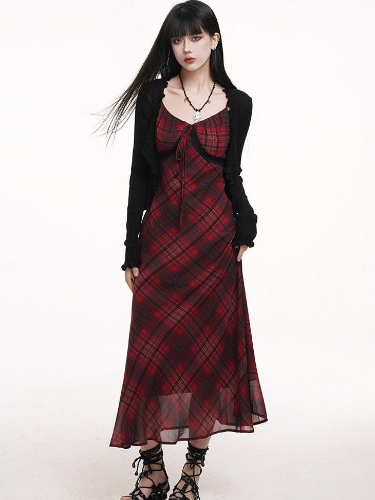 LADYGHOST Ghost Girl Red Plaid Spaghetti Strap Long Women&