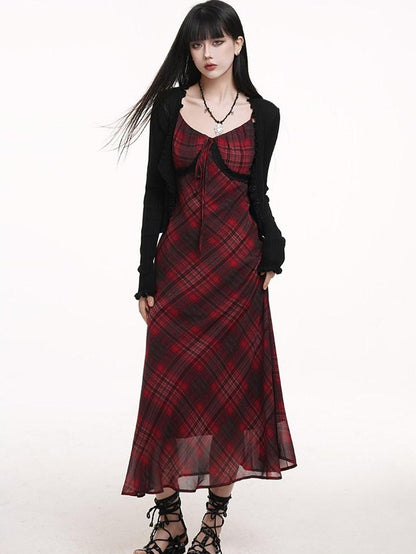 LADYGHOST Ghost Girl Red Plaid Spaghetti Strap Long Women&