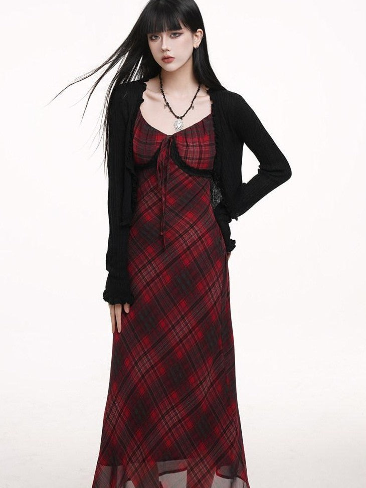 LADYGHOST Ghost Girl Red Plaid Spaghetti Strap Long Women&