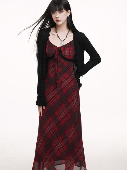 LADYGHOST Ghost Girl Red Plaid Spaghetti Strap Long Women&