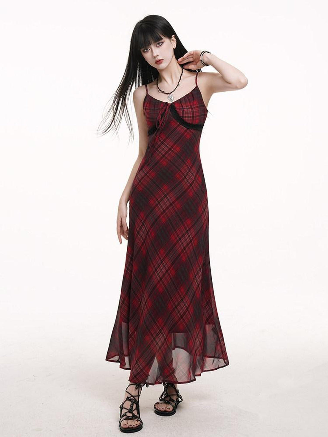 LADYGHOST Ghost Girl Red Plaid Spaghetti Strap Long Women&