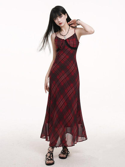 LADYGHOST Ghost Girl Red Plaid Spaghetti Strap Long Women&