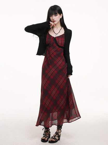 LADYGHOST Ghost Girl Red Plaid Spaghetti Strap Long Women&