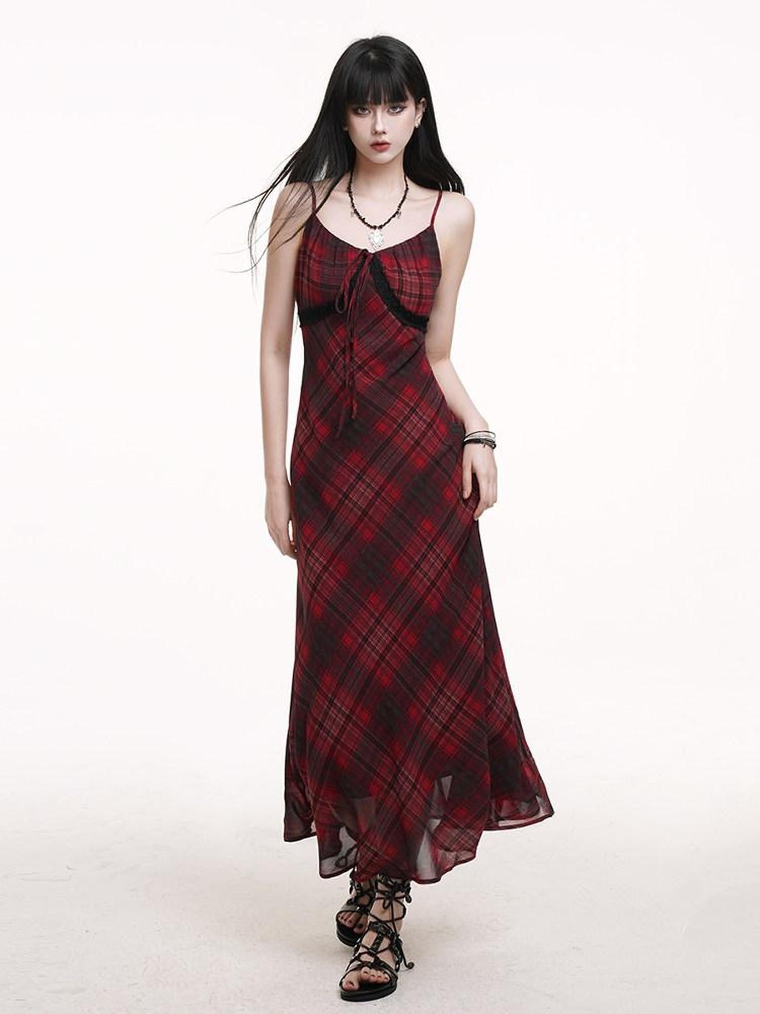 LADYGHOST Ghost Girl Red Plaid Spaghetti Strap Long Women&