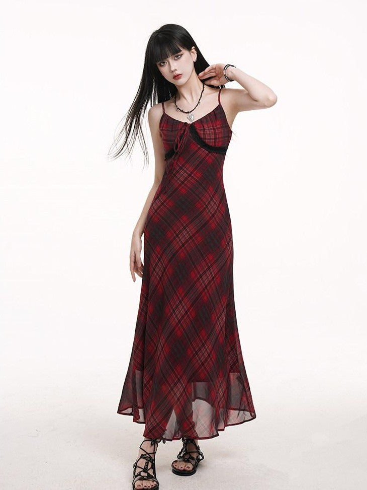 LADYGHOST Ghost Girl Red Plaid Spaghetti Strap Long Women&