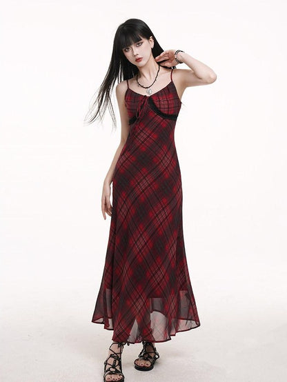 LADYGHOST Ghost Girl Red Plaid Spaghetti Strap Long Women&