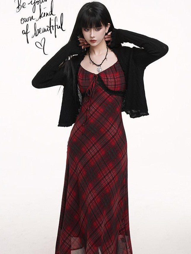 LADYGHOST Ghost Girl Red Plaid Spaghetti Strap Long Women&