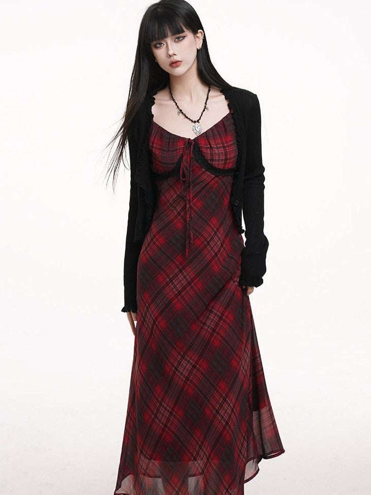 LADYGHOST Ghost Girl Red Plaid Spaghetti Strap Long Women&