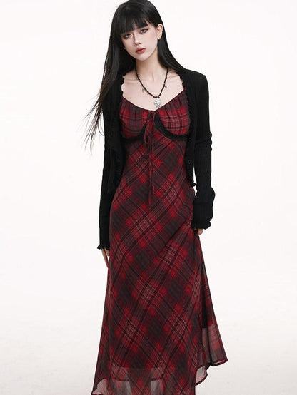 LADYGHOST Ghost Girl Red Plaid Spaghetti Strap Long Women&
