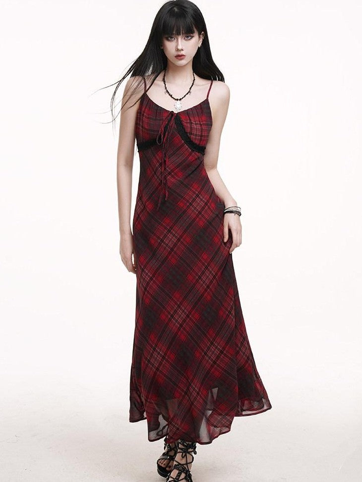 LADYGHOST Ghost Girl Red Plaid Spaghetti Strap Long Women&