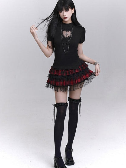 LADYGHOST Ghost Girl Ruffled Plaid Pumpkin Shorts Women&