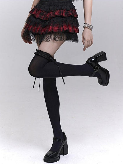 LADYGHOST Ghost Girl Ruffled Plaid Pumpkin Shorts Women&