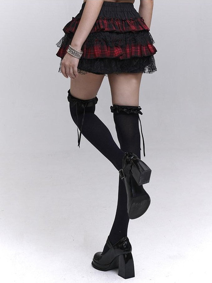 LADYGHOST Ghost Girl Ruffled Plaid Pumpkin Shorts Women&