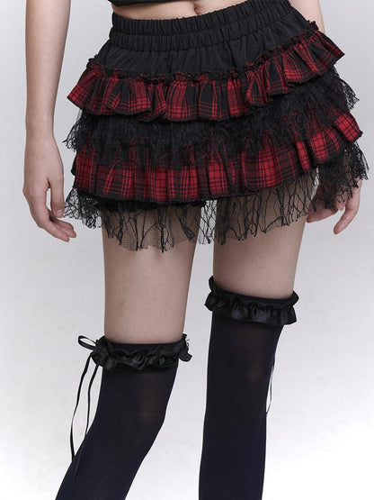 LADYGHOST Ghost Girl Ruffled Plaid Pumpkin Shorts Women&