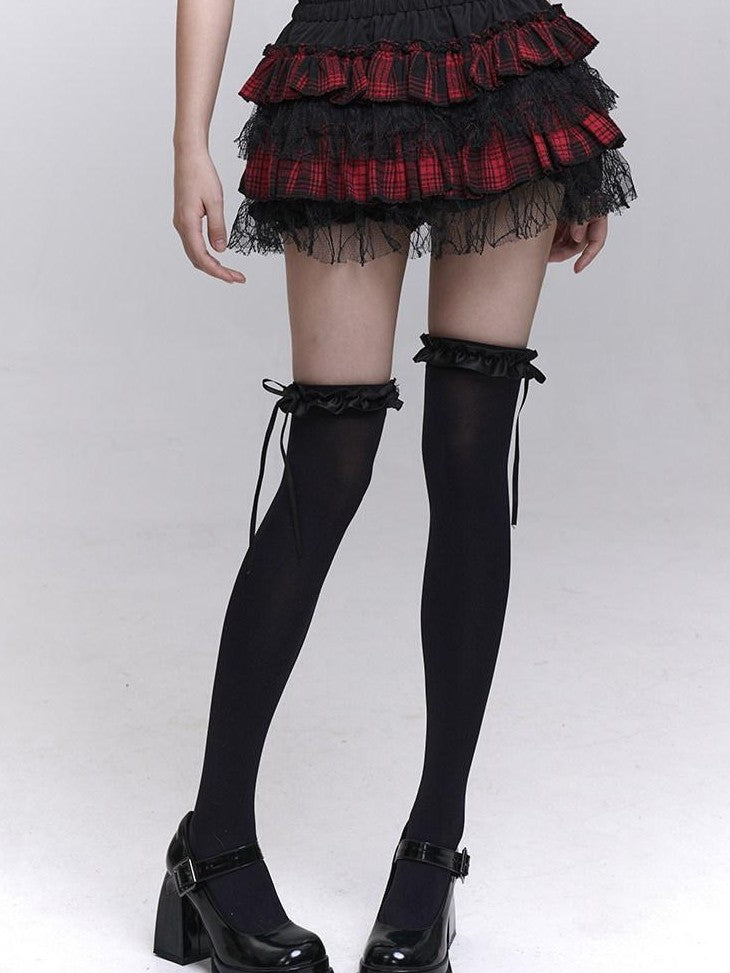 LADYGHOST Ghost Girl Ruffled Plaid Pumpkin Shorts Women&