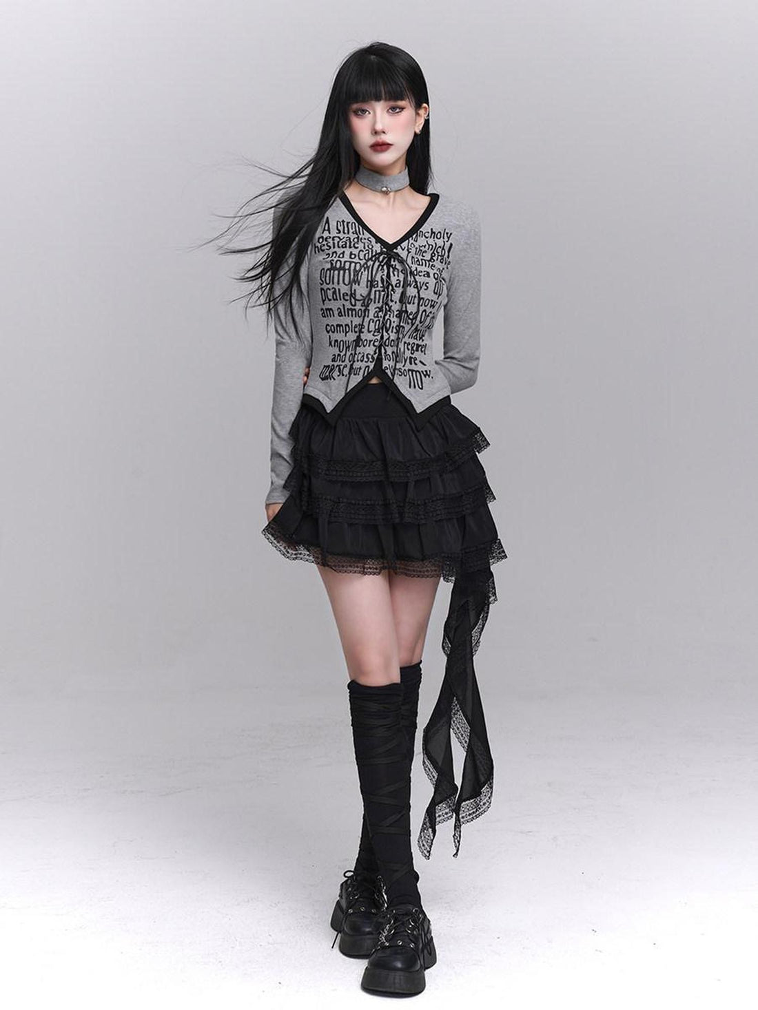 LADYGHOST Ghost Girl Unique Faux Two Piece Colorblock V-neck Women&