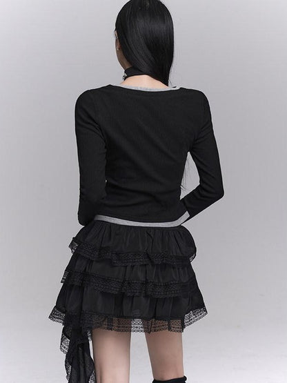 LADYGHOST Ghost Girl Unique Faux Two Piece Colorblock V-neck Women&
