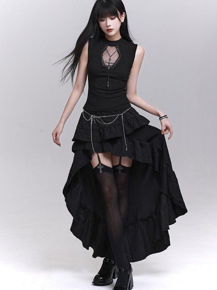 LADYGHOST Ghost Print Black Sleeveless Unique Festival Edgy Women&
