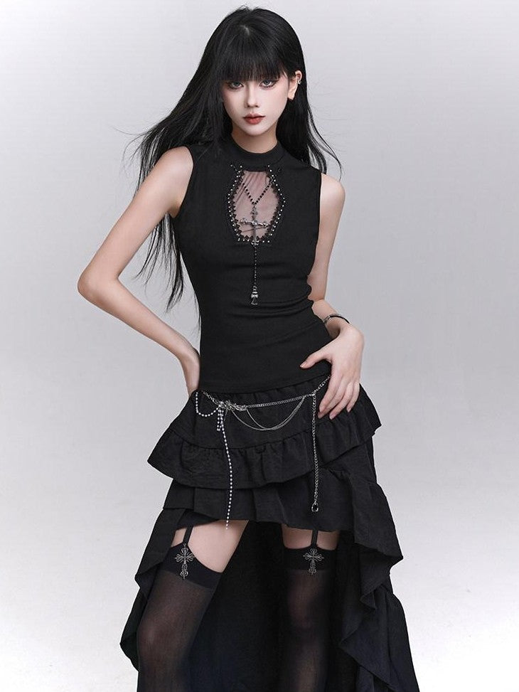 LADYGHOST Ghost Print Black Sleeveless Unique Festival Edgy Women&