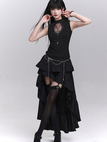 LADYGHOST Ghost Print Black Sleeveless Unique Festival Edgy Women&