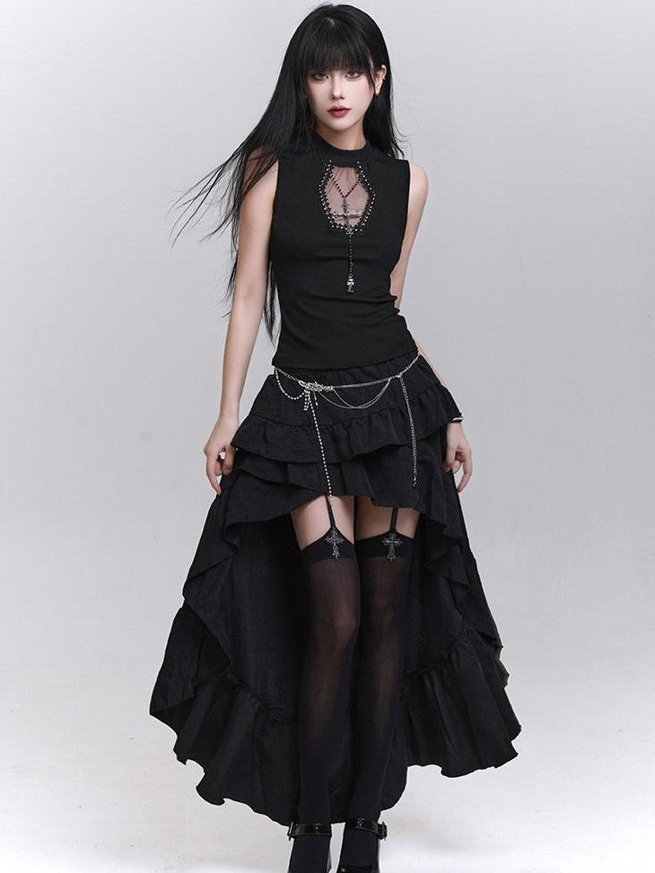 LADYGHOST Ghost Print Black Sleeveless Unique Festival Edgy Women&