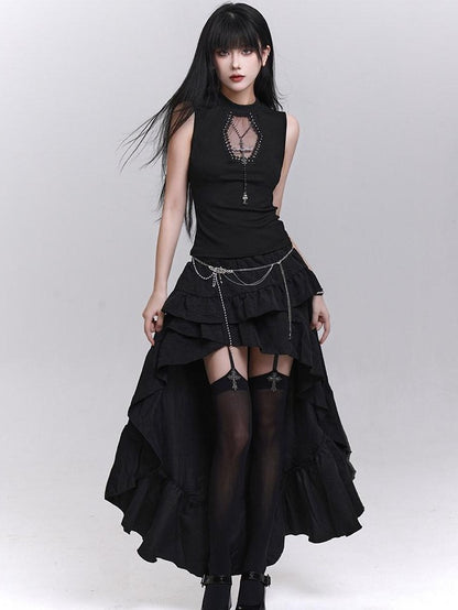 LADYGHOST Ghost Print Black Sleeveless Unique Festival Edgy Women&