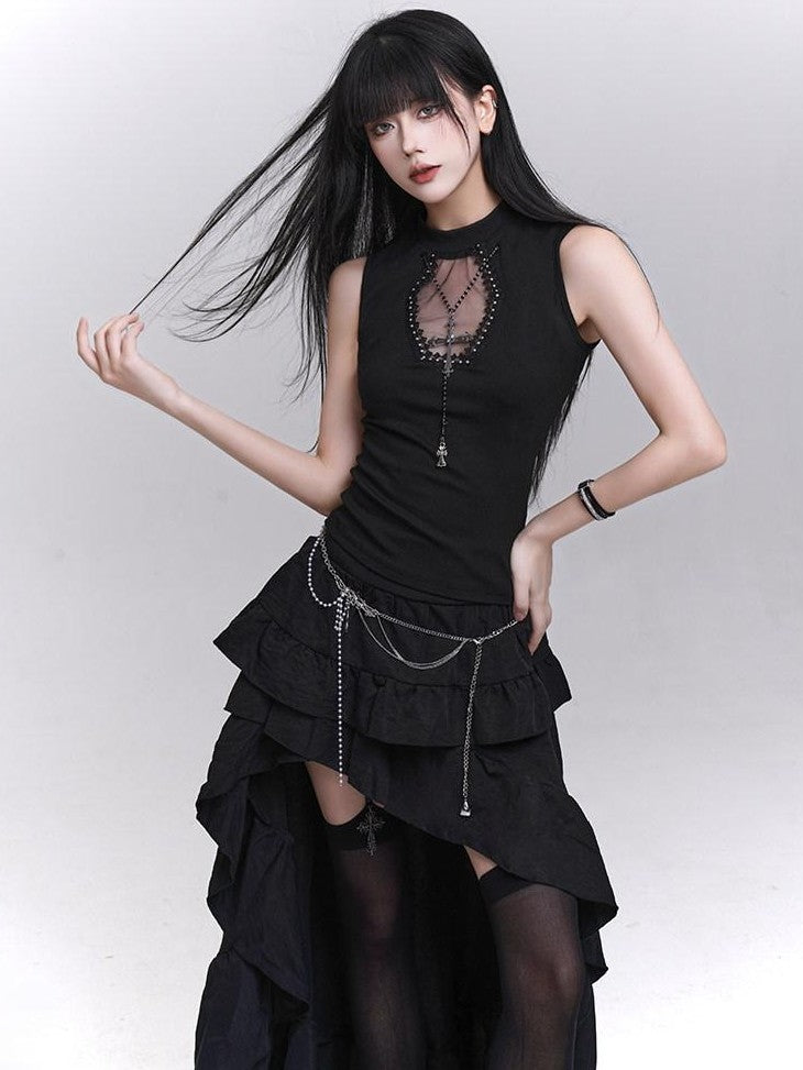LADYGHOST Ghost Print Black Sleeveless Unique Festival Edgy Women&