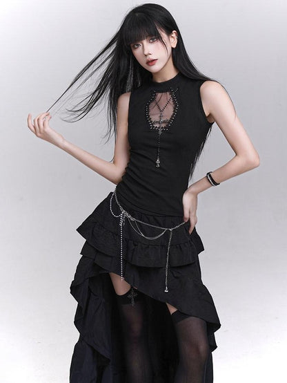 LADYGHOST Ghost Print Black Sleeveless Unique Festival Edgy Women&