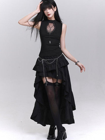 LADYGHOST Ghost Print Black Sleeveless Unique Festival Edgy Women&