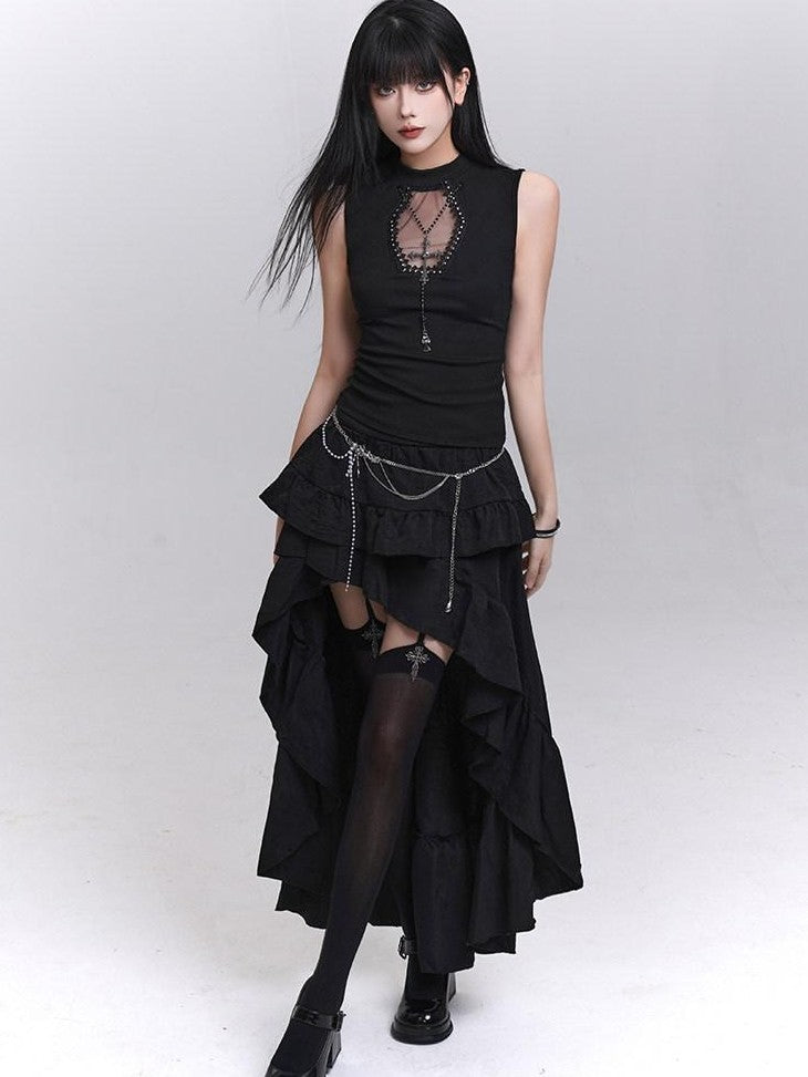 LADYGHOST Ghost Print Black Sleeveless Unique Festival Edgy Women&