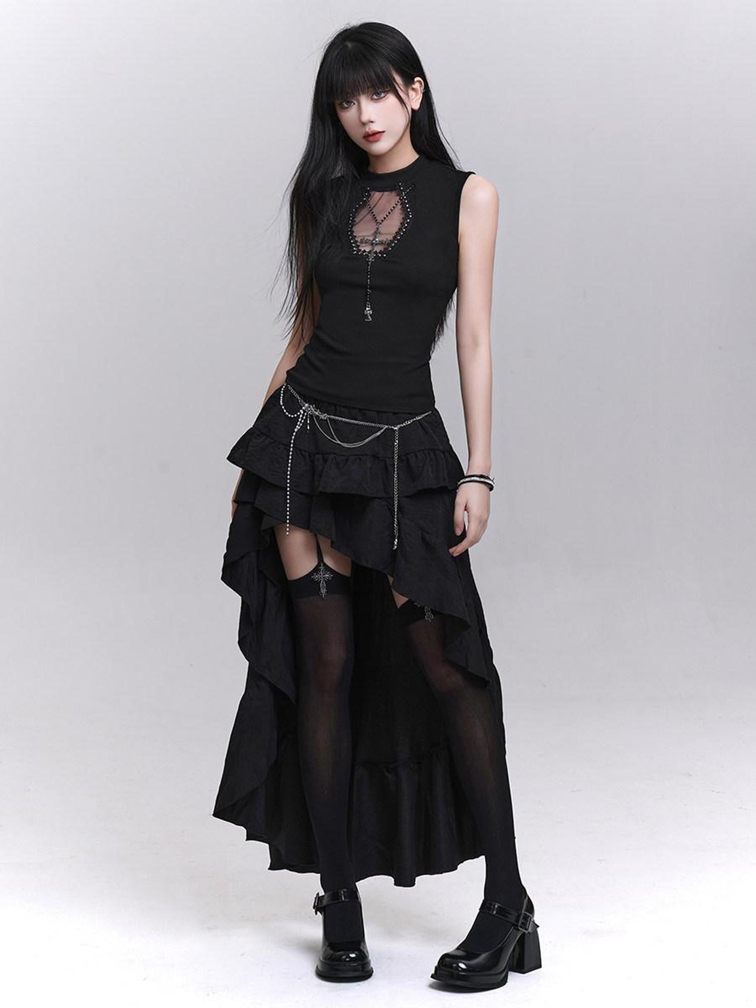 LADYGHOST Ghost Print Black Sleeveless Unique Festival Edgy Women&