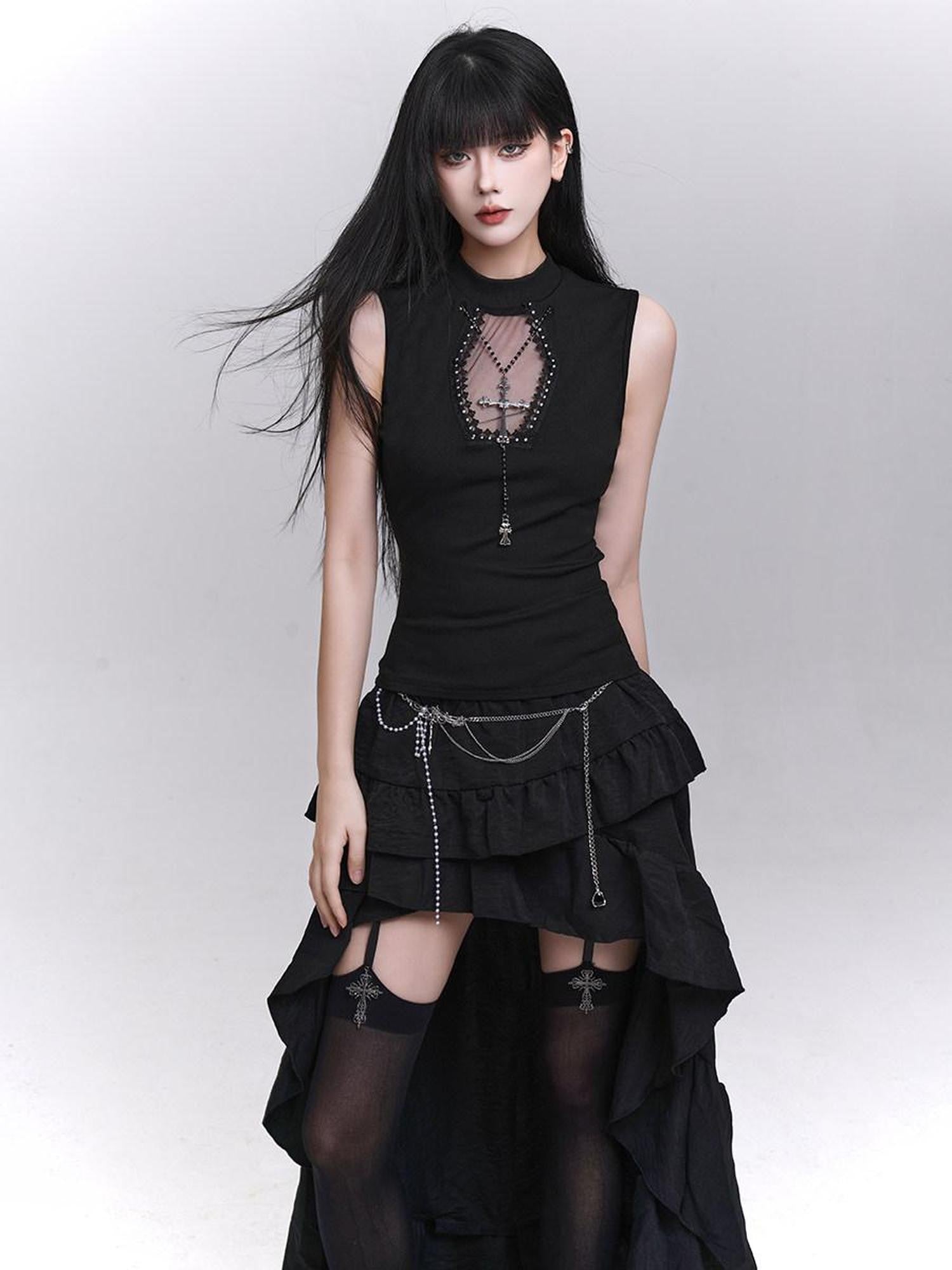 LADYGHOST Ghost Print Black Sleeveless Unique Festival Edgy Women&