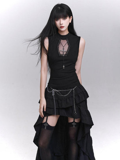 LADYGHOST Ghost Print Black Sleeveless Unique Festival Edgy Women&
