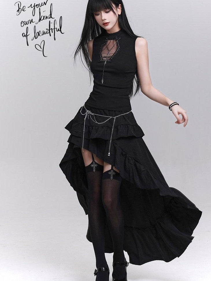 LADYGHOST Ghost Print Black Sleeveless Unique Festival Edgy Women&